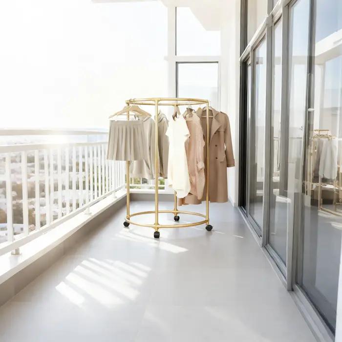 Porte-vêtements multifonctionnel rotatif acier inoxydable 360 degrés étagères roulettes facile à assembler chambre balcon étudiant usage domestique