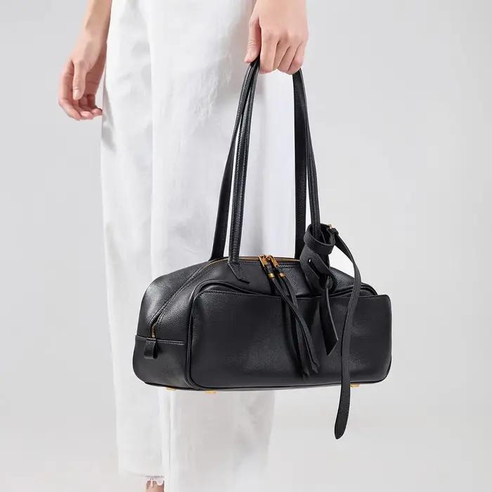 Sac d'oreiller en cuir véritable pour femmes, version haute, sac de bowling en cuir de vache à premi