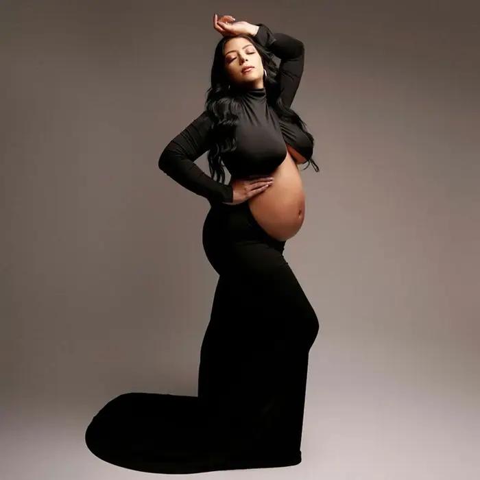 Robe de grossesse, accessoires de photographie, robe Maxi à col roulé, manches longues découpées sur