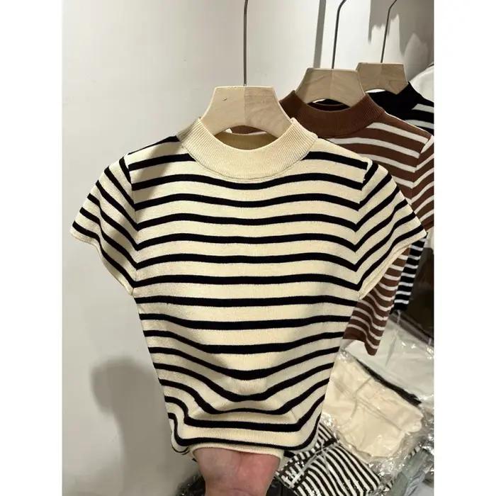 Pull à demi-col roulé rayé pour femme, haut ajusté, chemise à manches courtes, début du printemps et
