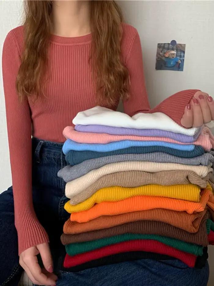 Nouveau Pull Femme 2026 Automne Hiver Manches Longues Col Rond Élastique Tricoté Uni Tendance
