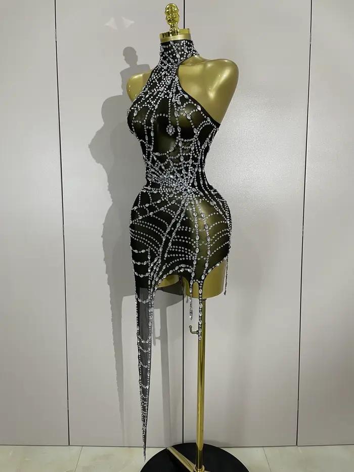 STOCK brillant diamant Sexy maille asymétrique moulante Mini robe femmes discothèque Bar fête specta