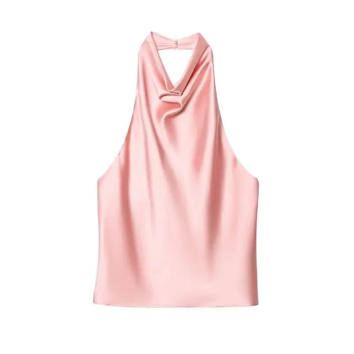 MUJER 2025 haut à licou pour femmes noir Satin dos nu haut femme rose été plage haut femme épaules n