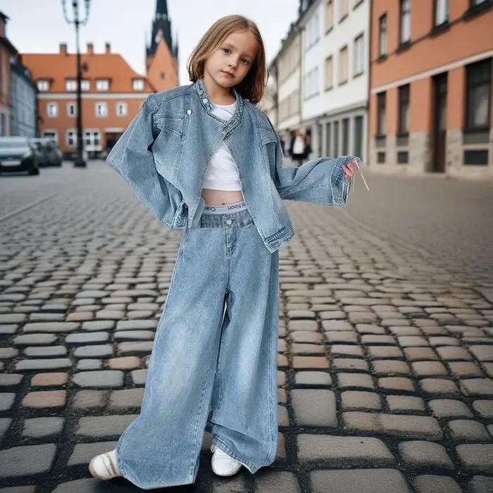 Ensemble de vêtements en Denim pour adolescentes, veste bleue + jean à jambes larges, 2 pièces, tenu
