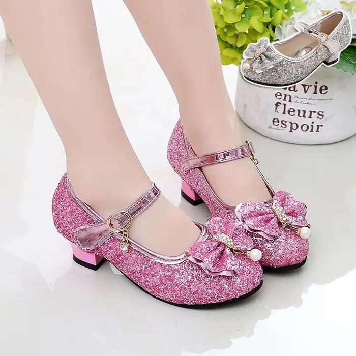 Chaussures de danse princesse à talons hauts pour filles, chaussures à paillettes en cuir souple, à