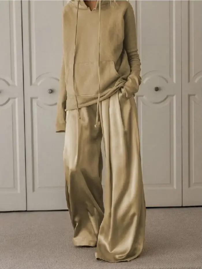 Onecozyday – pantalon taille haute à jambes larges et sweat-shirt à capuche à manches longues, coupe