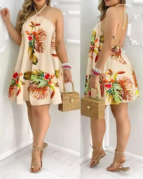 Robe à imprimé Floral, col licou, style Boho, dos nu, vêtements pour femmes, printemps et été
