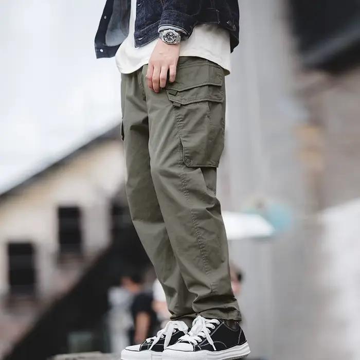 Maden-Pantalon cargo vert pour homme, pantalon de travail de randonnée multi-poches vintage, jogging