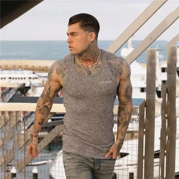 Débardeur tricoté à rayures pour hommes, chemise d'été respirante à séchage rapide, Fitness, Slim Fi