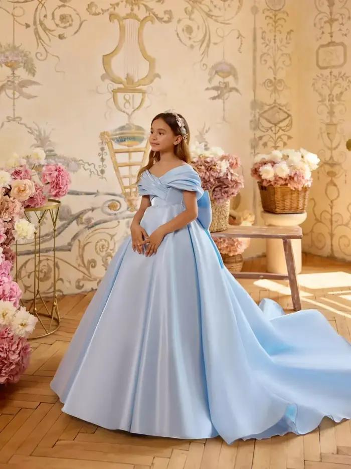 Robe longue de princesse en satin bleu clair pour enfants, tenue de fête d'anniversaire, épaules dén