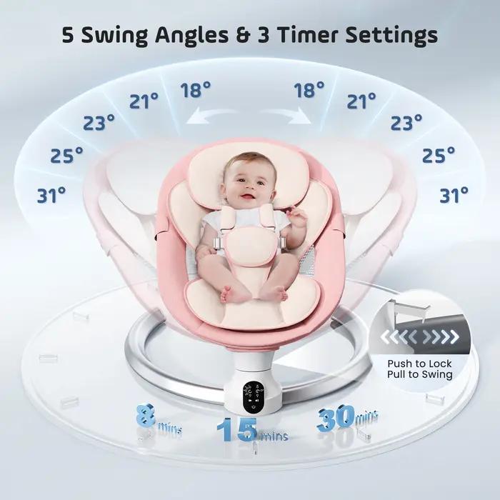 Balançoire électrique pour bébé avec 3 minuteries, application et télécommande Transat, 5 vitesses d
