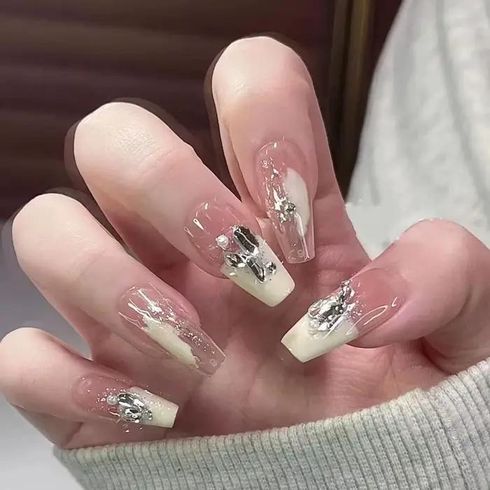Faux ongles français amovibles en acrylique, mi-longs, ensemble de faux ongles, couverture complète,