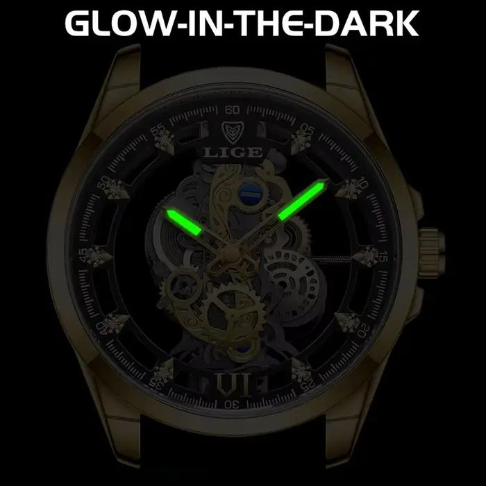 LIGE – montre à Quartz automatique pour hommes, squelette doré, Vintage, marque de luxe, 2026