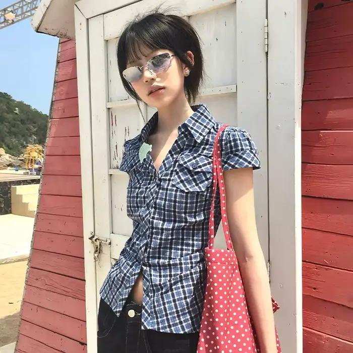 Karrram japonais Y2k chemise à carreaux Vintage Harajuku col en v Blouses mode coréenne femmes chemi