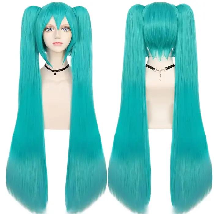 Perruques synthétiques vertes + bonnet de cheveux, perruque longue vert avec 2 queues de cheval pour