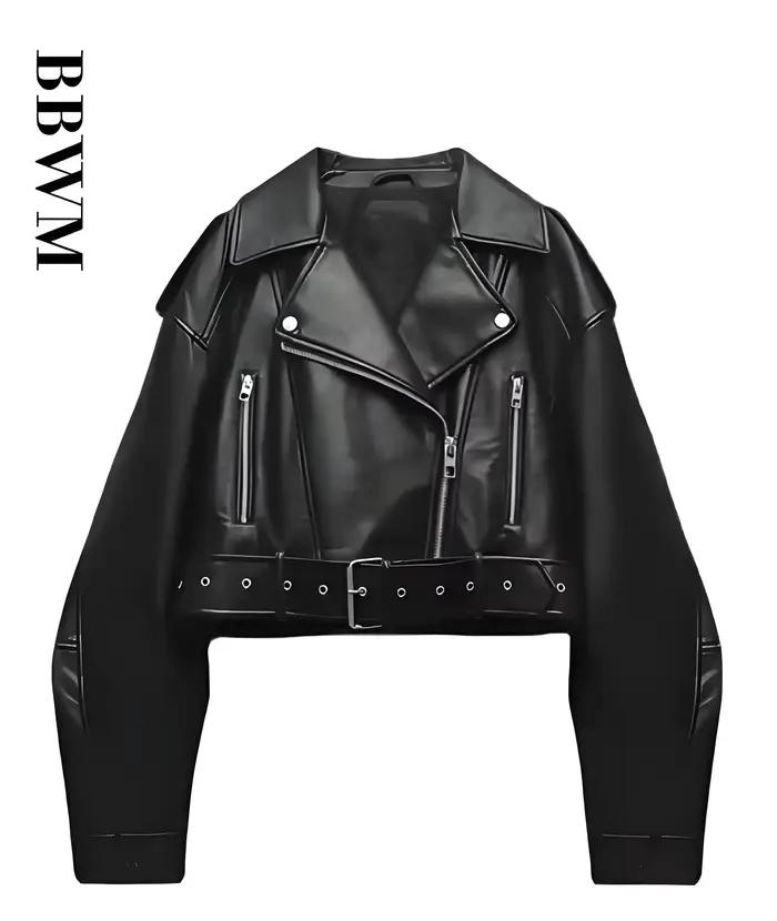 Femmes Vintage ample lavé Faux cuir veste courte Streetwear femme fermeture éclair ceinture Moto Bik