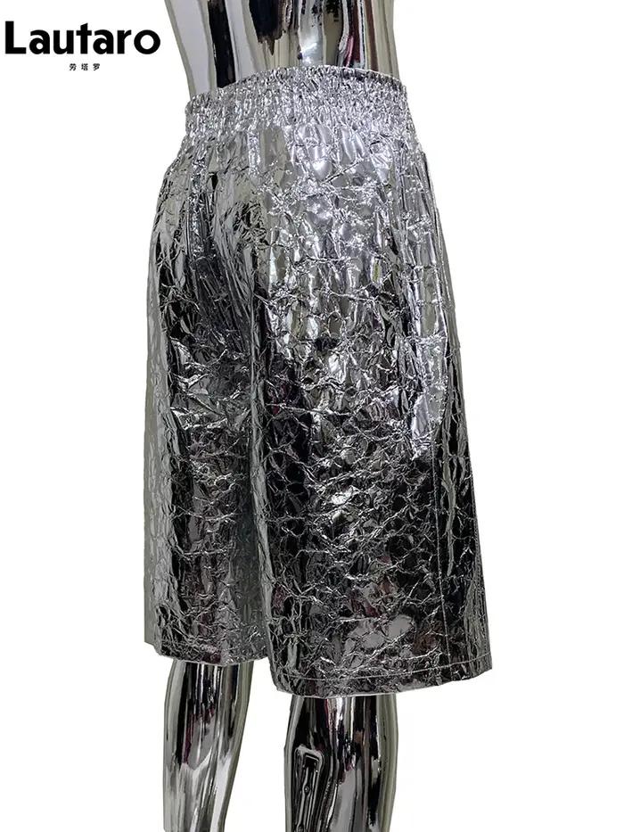 Lautaro été automne brillant argent Faux cuir Shorts pour hommes avec taille haute élastique Y2K Str