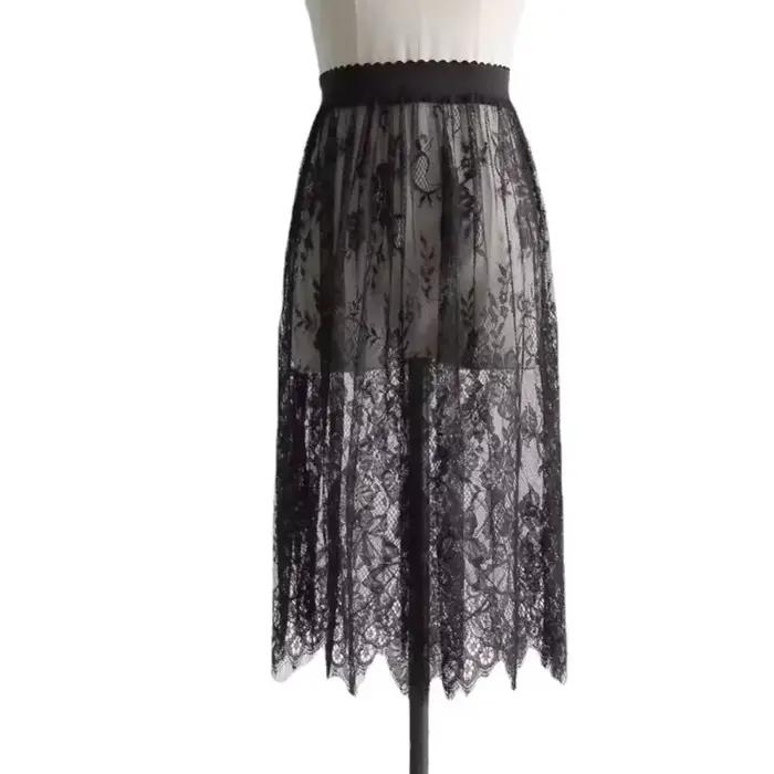 2 longueur élégante jupe noire dentelle blanche transparente longue jupe en Tulle dames élastique ta