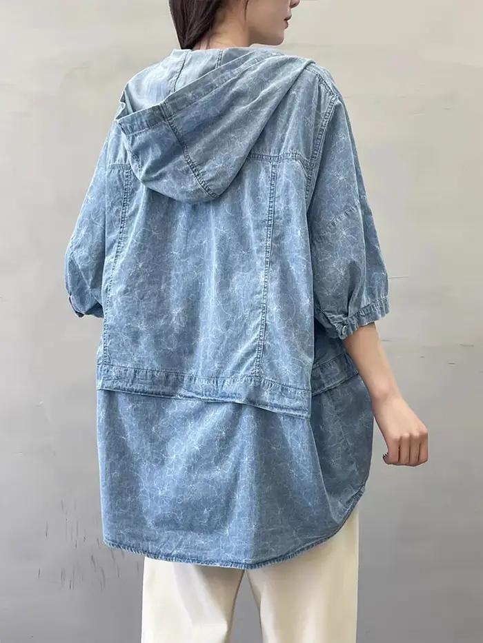 Amax luluE été femmes Denim à capuche hauts floraux mode surdimensionné imprimé chemises dames décon