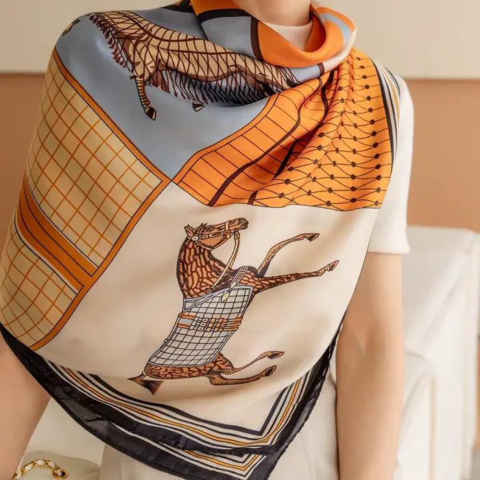 Foulard carré imprimé cheval de luxe, châle Vintage en Imitation soie pour femmes, coupe-vent, envel