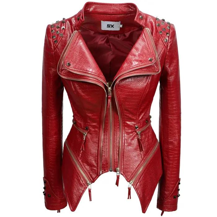 Mode SX femmes Crocodile Rivet PU veste forme parfaite moto vélo veste