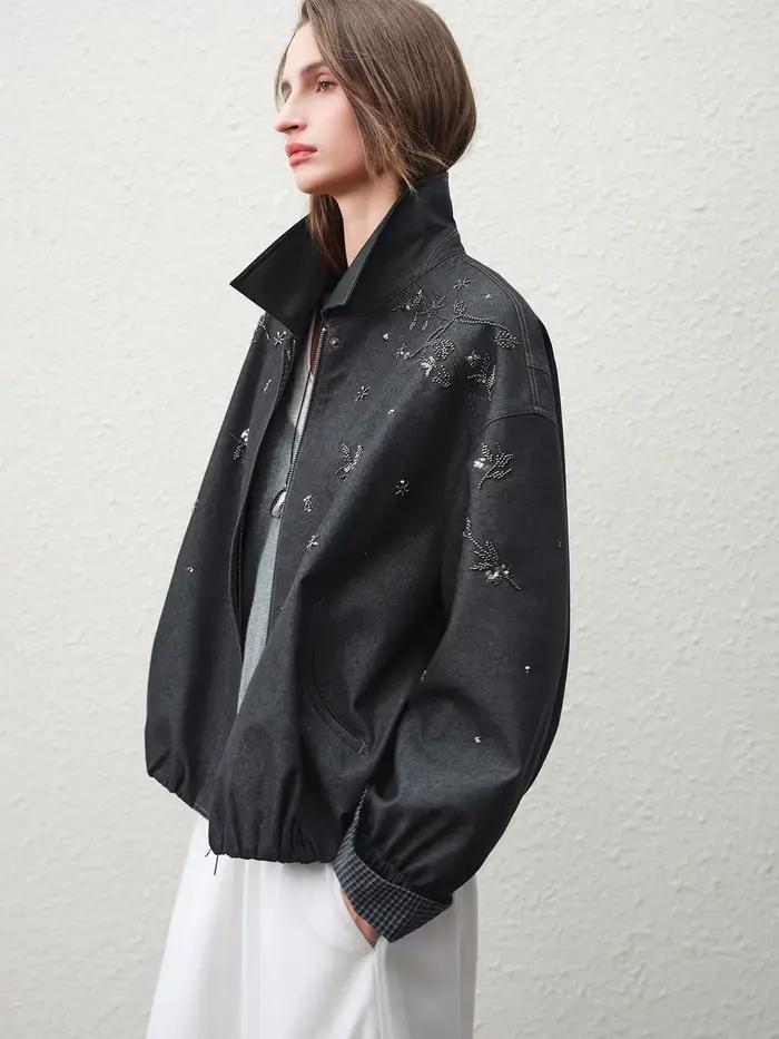FSLE 【Série Premium】 2026 Manteau pour femme perlé à col en cuir, à manches longues, coupe ample, de