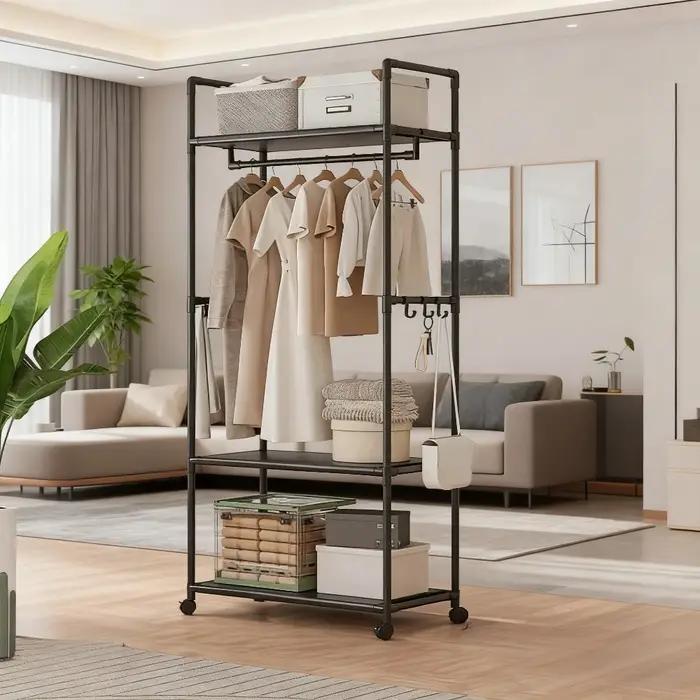 Support de Rangement avec Roulettes et Étagères pour Vêtements Organisateur Autoportant Durables Pour Chambre à Coucher Occasions Spéciales