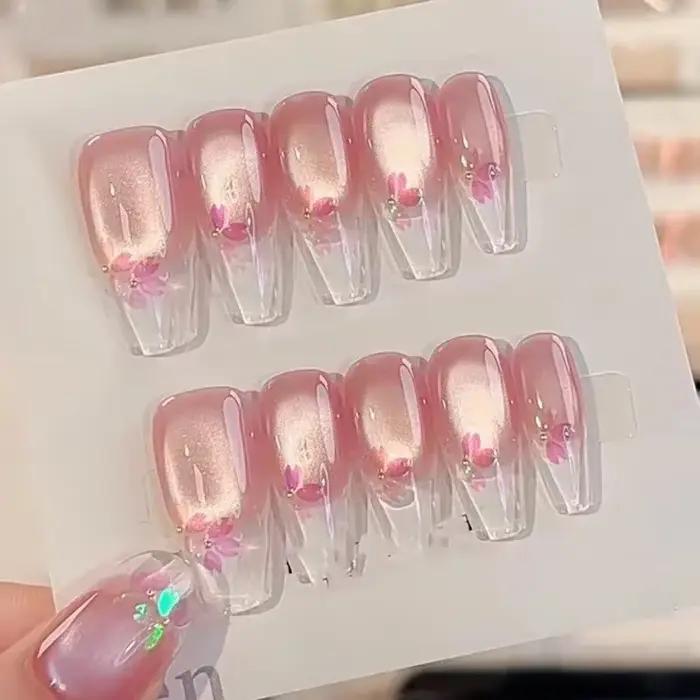 10 pièces Aurora oeil de chat presse à la main sur les ongles rose fleur de cerisier faux ongles fle