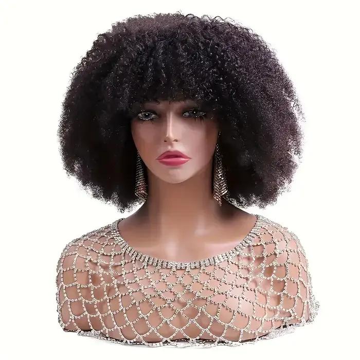 Perruque Brésilienne Remy 180% Naturelle Crépue Bouclée avec Frange, Cheveux Courts Faits à la Machi