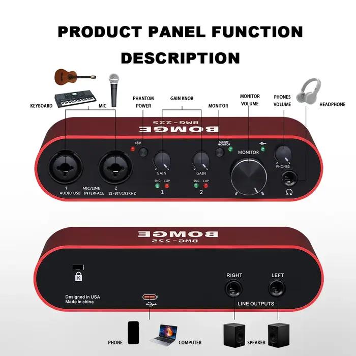 Interface audio BOMGE BMG-22S Carte son professionnelle 32 bits/192 kHz et amplificateur double cana