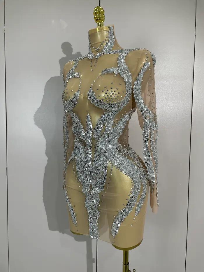 STOCK strass scintillants Sexy maille transparente Mini robe réveillon fête d'anniversaire danse dis