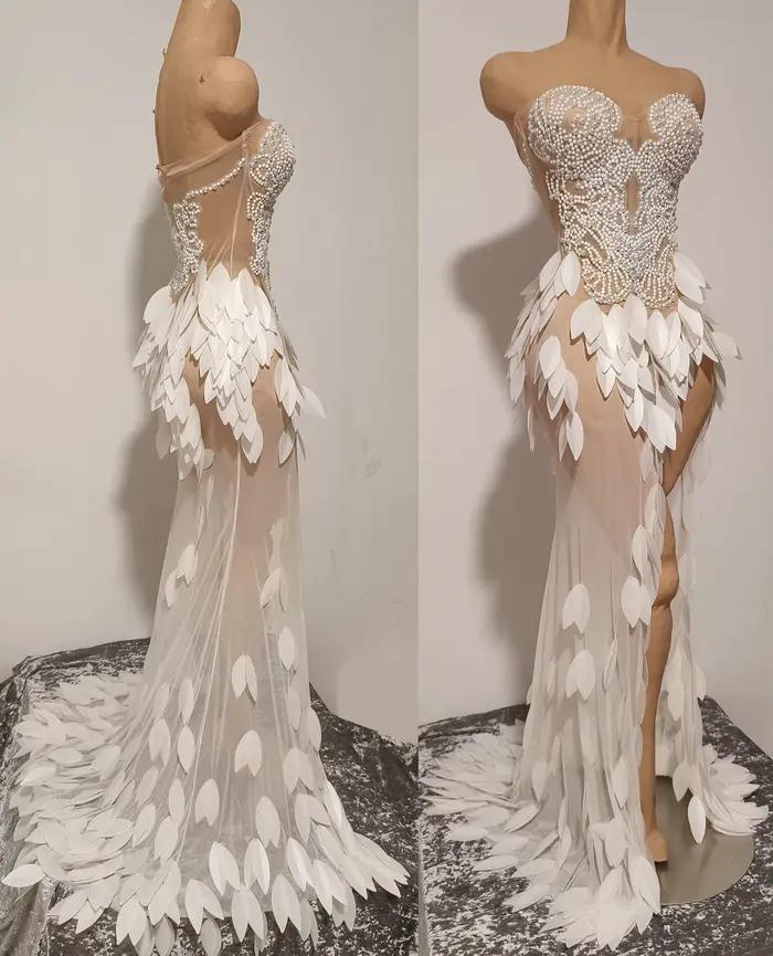 Robe Maxi transparente en maille sans bretelles, élégante, perles brillantes, pour femmes, fête d'an
