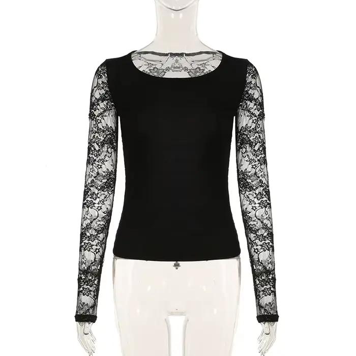 SUCHCUTE noir gothique T-shirt pour femmes Sexy Club dentelle Semi-transparent à manches longues cul