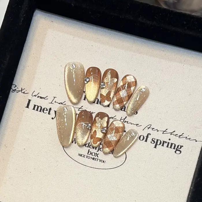 10 pièces yeux de chat presse sur ongles avec Flash strass amande faux ongles grilles papillon brico