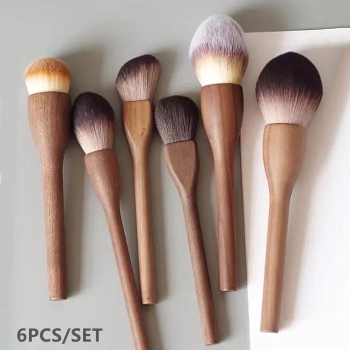 Pinceau de maquillage Vintage avec manche en bois, 6 pièces, haute qualité, noyer, poudre libre, fon