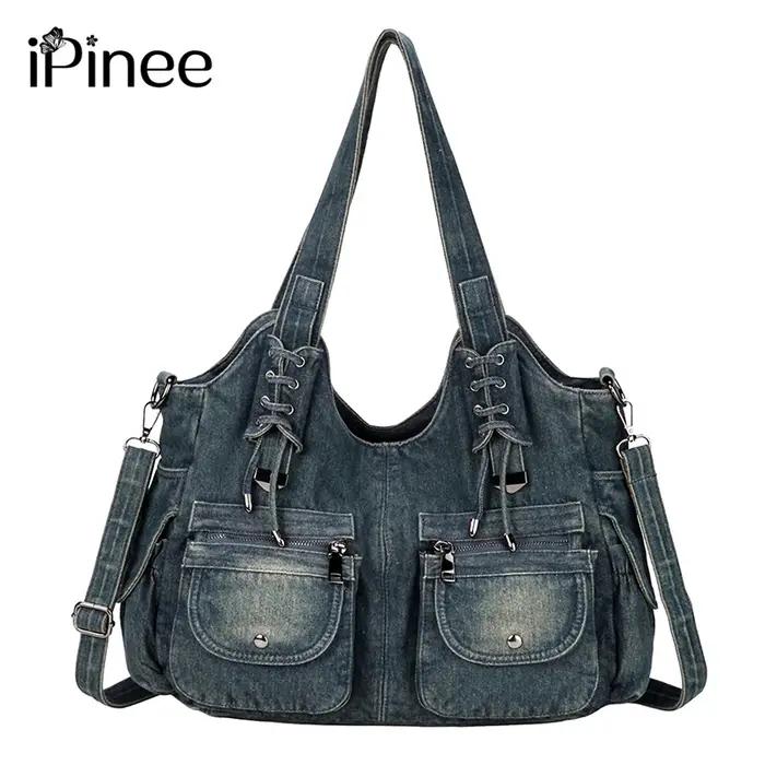 IPinee-Sac en jean bleu vintage pour femme, sac à main à bandoulière, portefeuille initié, grande ca