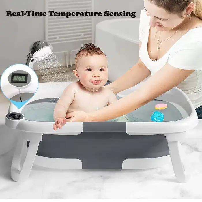 Baignoire pliable pour bébé avec capteur de température et coussin doux, en PP+TPR non toxique, bass