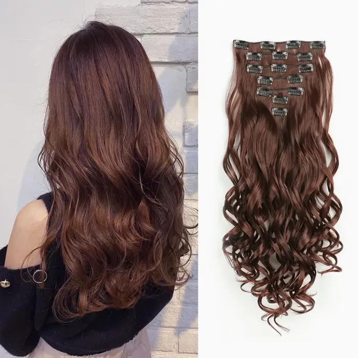 Extensions capillaires synthétiques à clips, 7 pièces, tête complète de 22 pouces, longues, bouclées