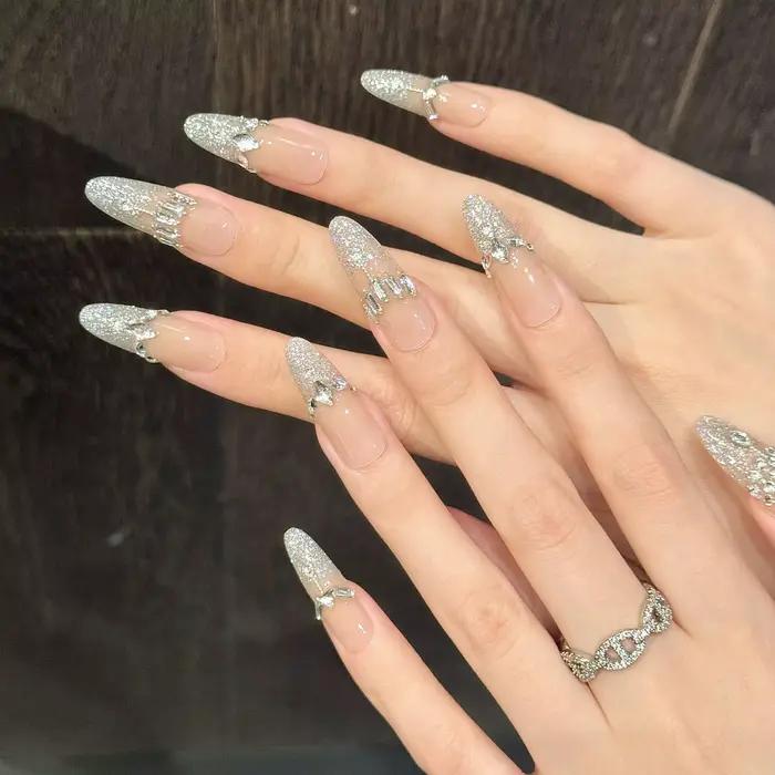 10 pièces à la main brillant diamant presse sur ongles paillettes rose arc décor faux ongles mariage