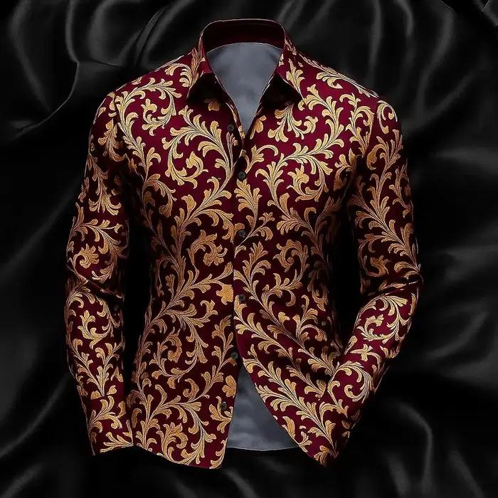 Chemise à manches longues pour hommes, simple, couleur unie, motif géométrique 3D imprimé, revers, d