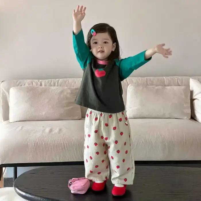 Pantalon d'automne pour fille, imprimé fraise, taille élastique, abricot, Long, décontracté, pour en