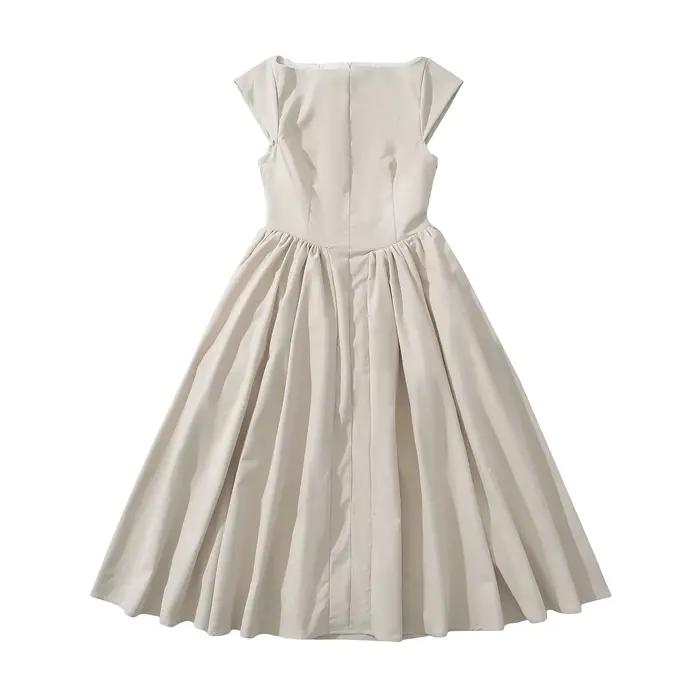 Robe mi-longue taille basse à manches courtes pour femmes, col slash sexy, dos nu évidé, robe trapèz