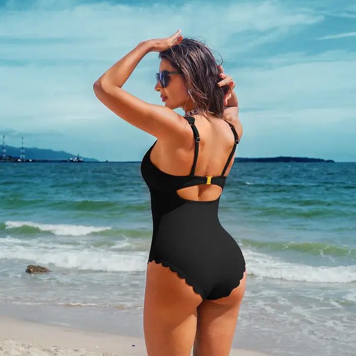 Anfilia femmes une pièce maillots de bain Sexy col en U couleur unie mode Monokini Push Up maillots