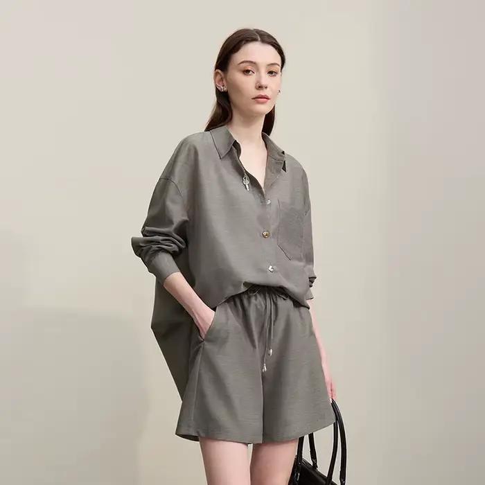 Chemisier Amii pour femme, nouvelle collection été 2026, col à revers, épaules tombantes, manches lo