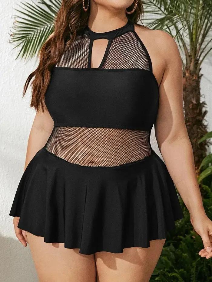Maillot de bain une pièce noir maille 2026 grande taille femme - Tenue de plage 4XL