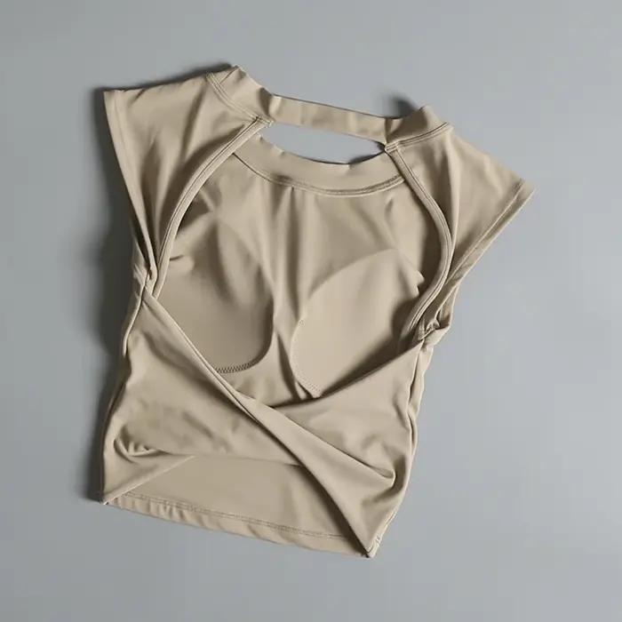 Sexy court dos nu fixe coussin de poitrine sport T-shirt gilet femmes ajustement serré séchage rapid