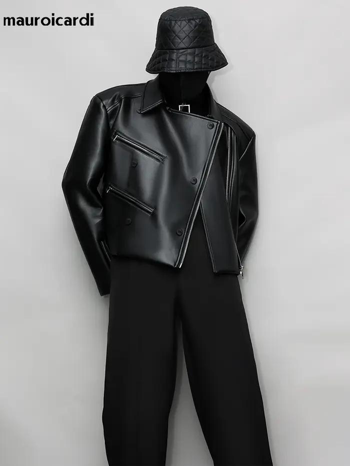 Mauroicardi-Veste en cuir PU pour homme, manches longues, col montant, vêtements de créateur de luxe