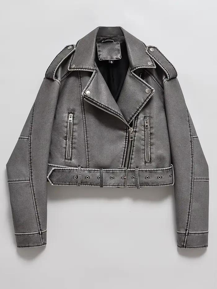 Ailegogo femmes Vintage ample lavé Faux cuir veste courte Streetwear femme fermeture éclair ceinture