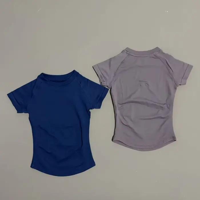HISTELLO Df Haut de sport uni à manches courtes pour femme, sans couture, pour yoga, fitness, gym, j