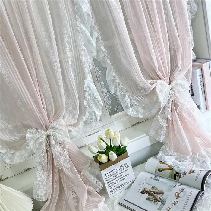 Rideau transparent en dentelle à fleurs rayées roses, romantique coréen, avec poche en dentelle à vo